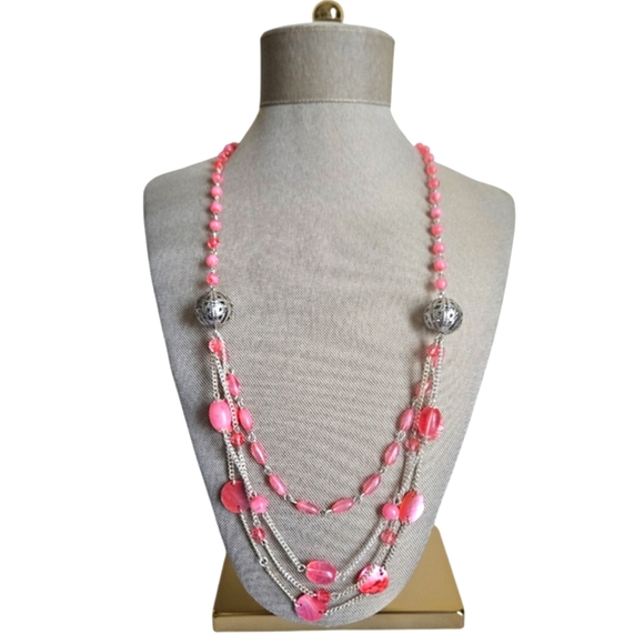 NWT 2 Piece Pink Beaded Multilayered 30" Necklace + Earrings Fashion Jewelry NEW - Picture 1 of 8
